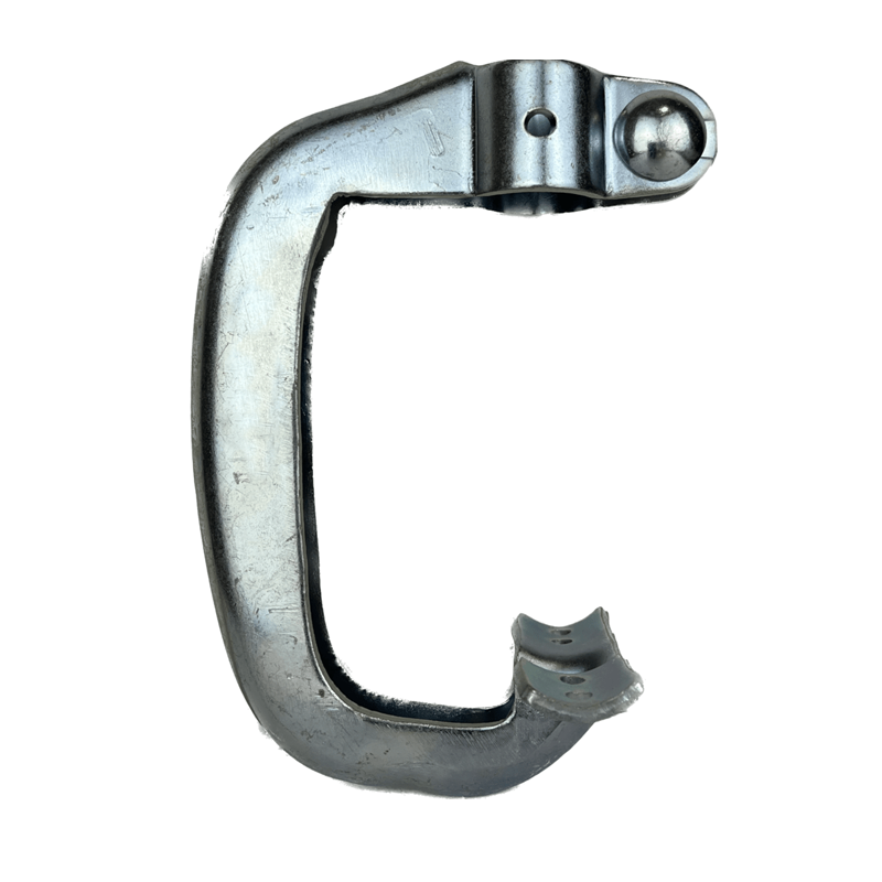 Rail-support fitting designed for the Continuous Slick Rail. This component slips securely over a suspension pipe and tightens using a non-slip nut to hold the rail firmly in place. It includes a built-in safety pinning hole to prevent movement or dislodging during use. Constructed from zinc-plated steel for strength and corrosion resistance, the 200-04-G2 provides reliable, long-lasting support in overhead conveyor and rail applications.